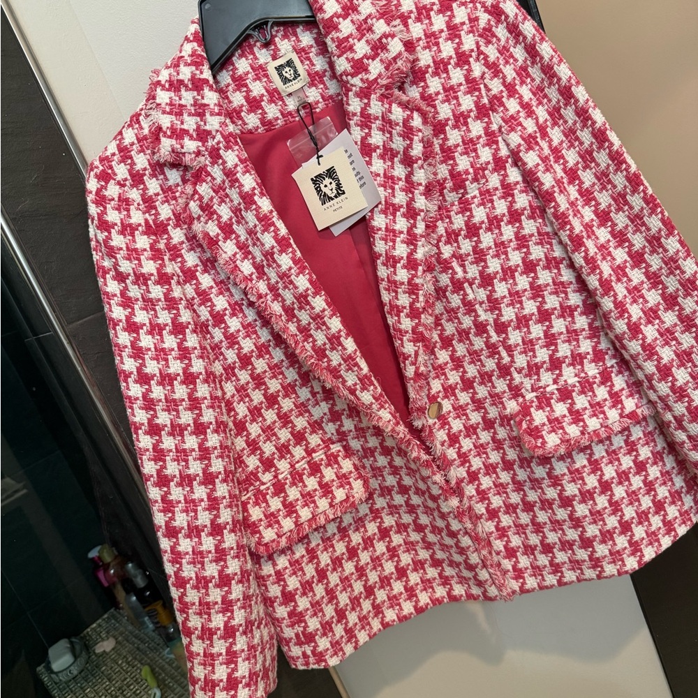 Anne Klein Red and White Houndstooth Blazer - Picture 3 of 7